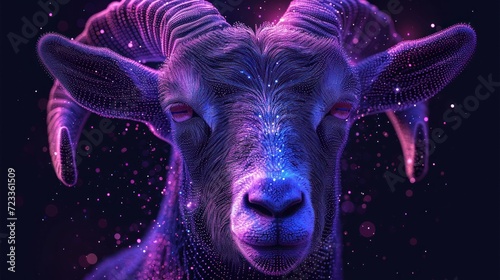  a close up of a goat's face with a purple and blue pattern on it's face and it's head is looking at the camera with its eyes closed.