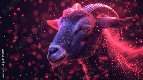  a close up of a goat's head on a black background with red and pink lights in the middle of the image and dots in the middle of the goat's head.