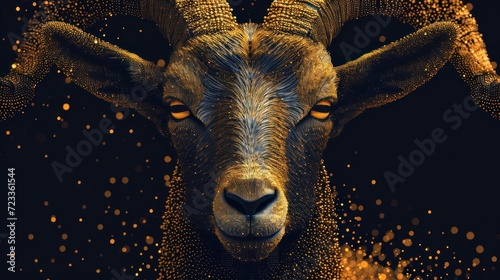  a close up of a goat's head with a lot of dots on it's face and it's head in the middle of the frame, with a black background. photo