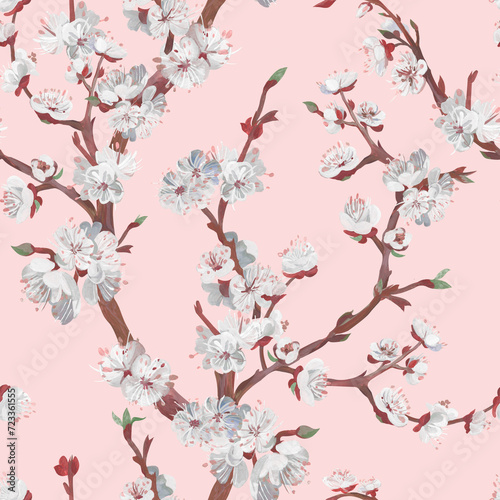 Botanical seamless pattern with sakura cherry branch drawn in gouache