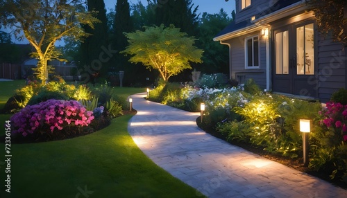 Modern gardening landscaping with pathway in front of residential house. Landscape garden with ambient lighting system installation highlighting flowers plants generative ai © Chaudhry