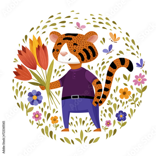 Smiling tiger with bouquet of tulips. Vector