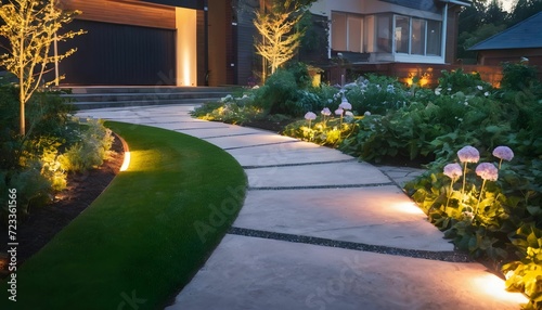 Modern gardening landscaping with pathway in front of residential house. Landscape garden with ambient lighting system installation highlighting flowers plants generative ai