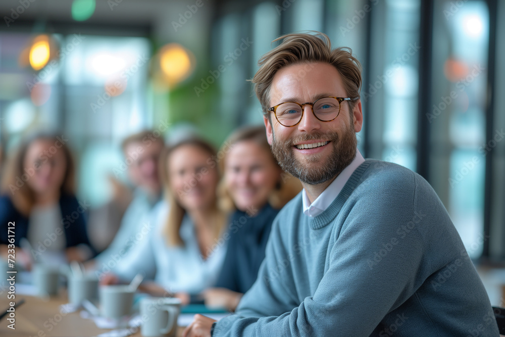 Portrait of a handsome young man in glasses standing in a creative office with his colleagues in the background