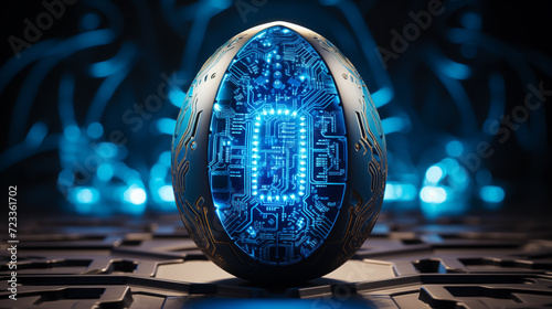 Innovative blue glowing Easter egg background image. Engineering easteregg desktop wallpaper picture. Technology eggshell closeup photo backdrop. Sci-fi mechanism concept composition photo