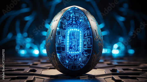 Innovative blue glowing Easter egg background image. Engineering easteregg desktop wallpaper picture. Technology eggshell closeup photo backdrop. Sci-fi mechanism concept composition