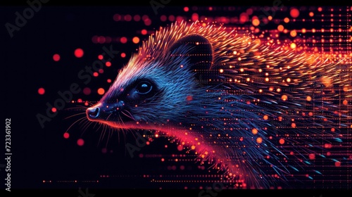  a picture of a raccoon's head with a background of red and blue dots in the middle of the image and a black background with red and blue dots in the middle of the image. © Nadia