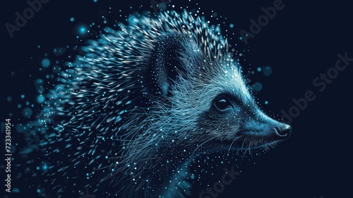  a close up of a porcupine's face with snow flakes all over it's fur and a black background with white dots on the edges.