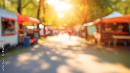 Generative AI, Food truck street festival on the morning, blurred background, atmospheric bokeh, muted colors 