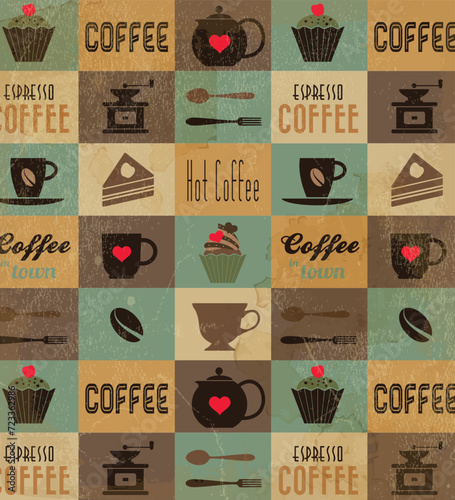 Coffee theme seamless pattern in simple geometric style with abstact shapes. Light roast level coffee. Good for branding, decoration of food package, cover design, decorative print, background