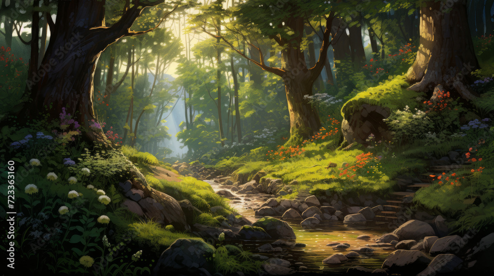 Tranquil forest scene with dappled sunlight filtering through the trees