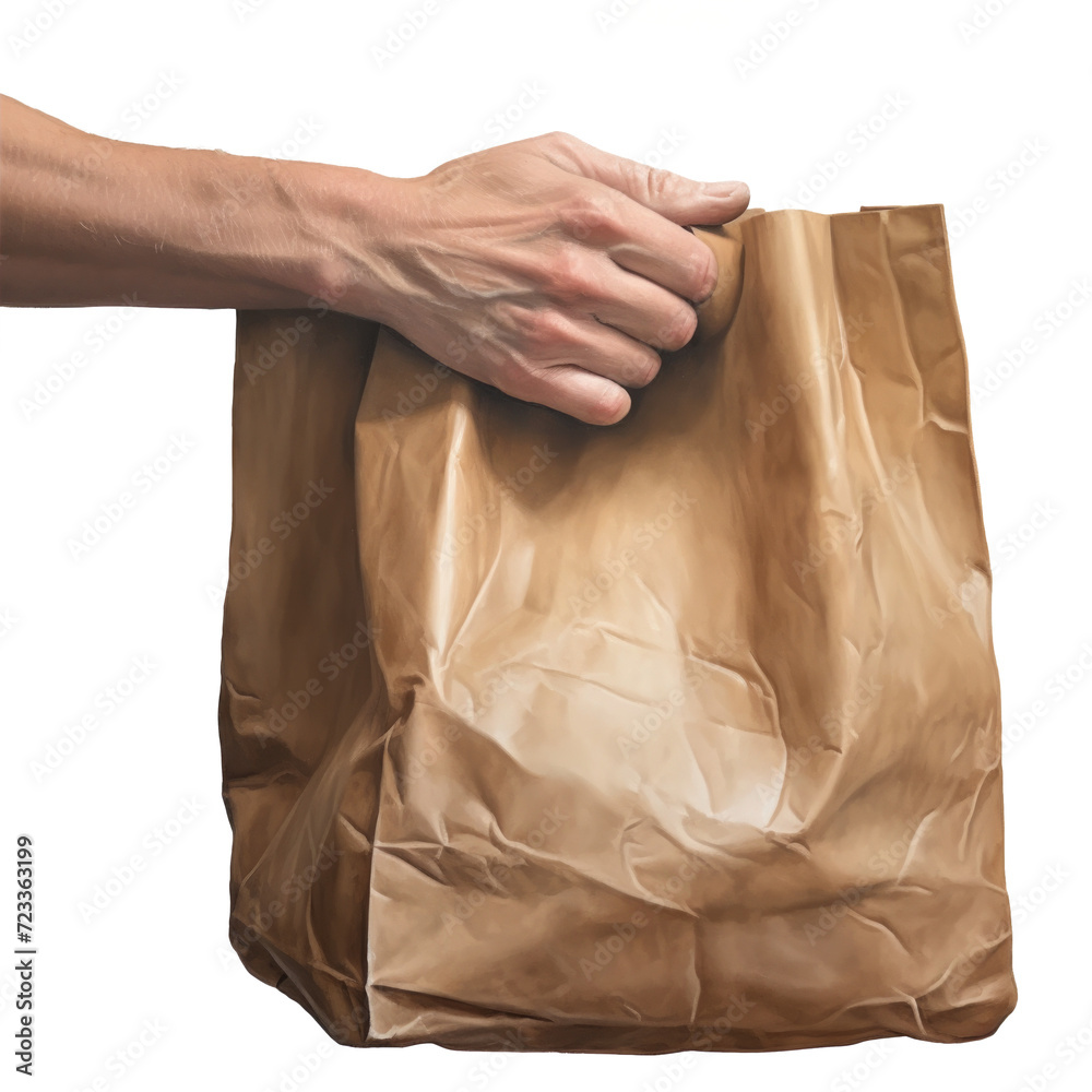 hand holding paper bag on isolated on white background