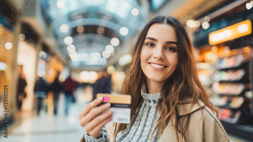 
A smiling and happy girl holds a credit card in the shopping center. photo