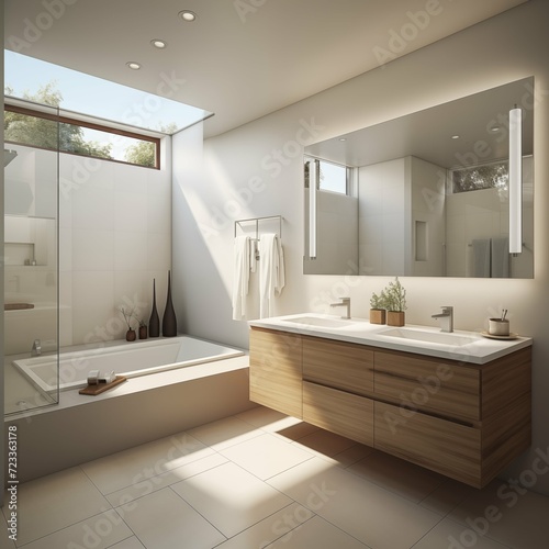 A modern  minimalist bathroom in a 5 000 square-foot space  emphasizing a spacious layout with simple lines  a neutral color palette  and a focus on functionality  including sleek fixtures and a minim