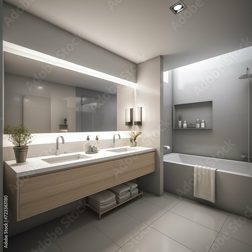 A modern, minimalist bathroom in a 5,000 square-foot space, emphasizing a spacious layout with simple lines, a neutral color palette, and a focus on functionality, including sleek fixtures and a minim