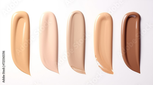 Different shades of liquid skin foundation on white background, top view. photo