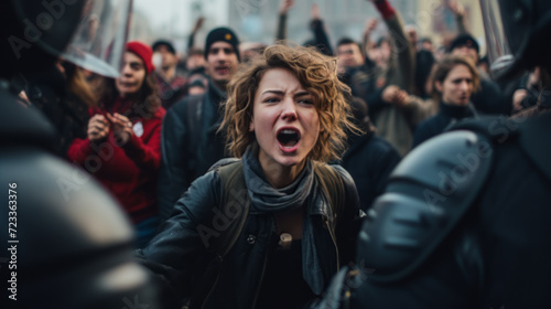 A young woman shouts a cry against the backdrop of a crowd of people