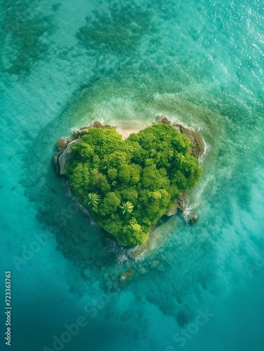 An aerial snapshot captures the enchanting beauty of a heart-shaped island embraced by the azure embrace of the ocean. Lush trees and sandy shores offer a stark contrast to the clear blue waters.