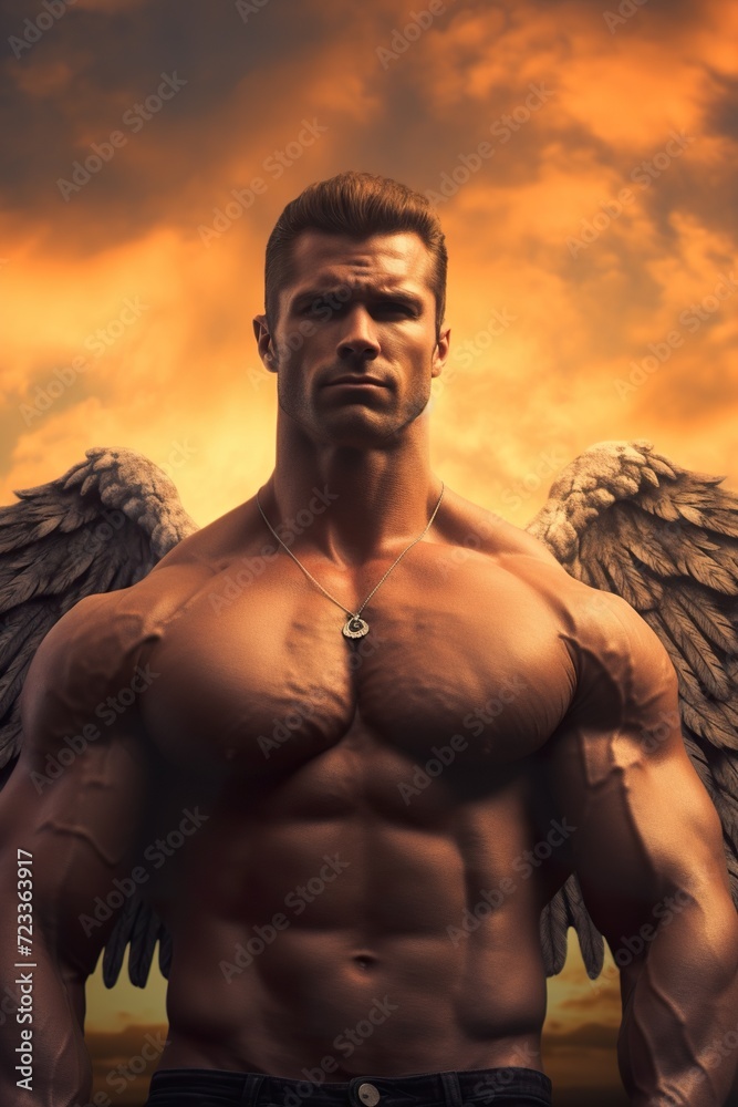 man angel with big wings at heaven, person archangel with muscular torso and perfect athletic body