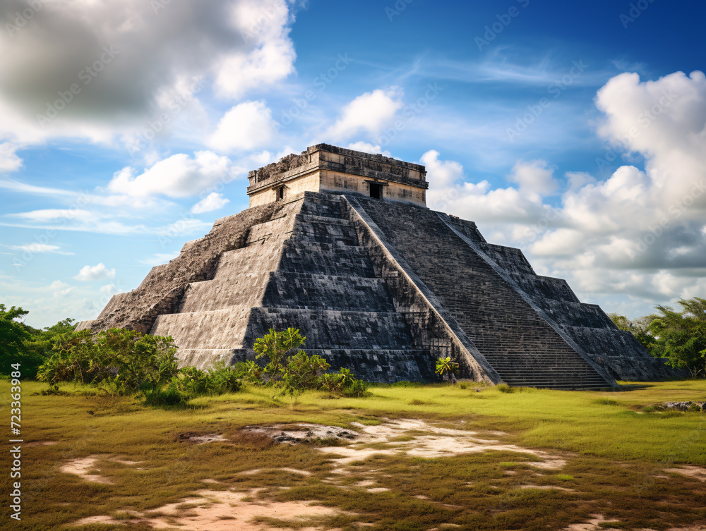 a pyramid with a square top with Chichen Itza in the background