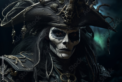 Piratenskelett mit finserem Gesicht, Skelett als Pirat, Totenkopf und Piratenmütze