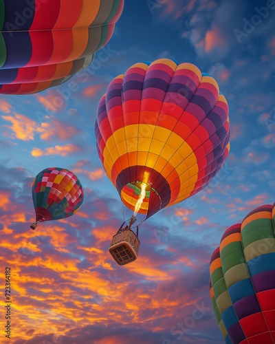 Vibrant hot air balloons soar against a dramatic sunset sky, a wide-angle photograph capturing the freedom of flight.

