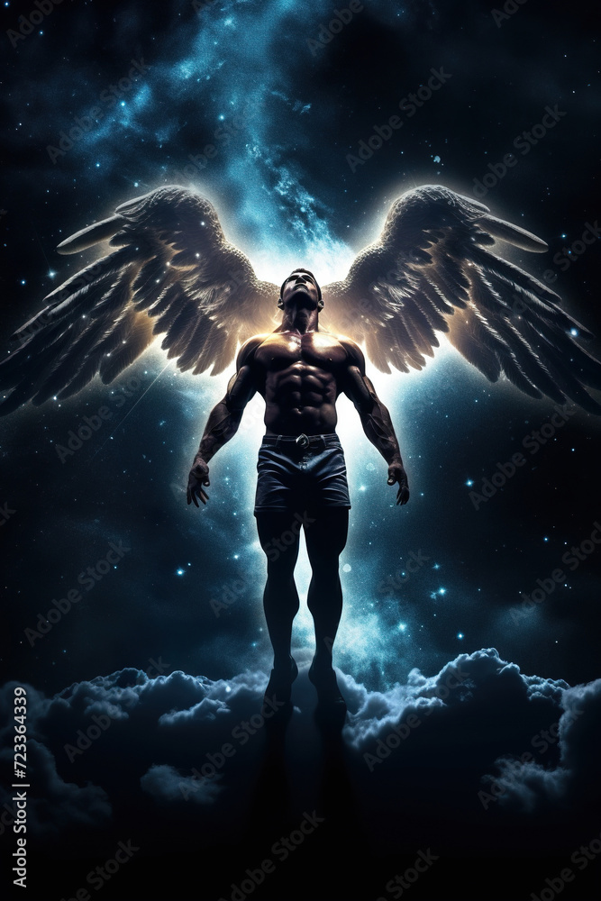 man angel with big wings at heaven, person archangel with muscular torso and perfect athletic body