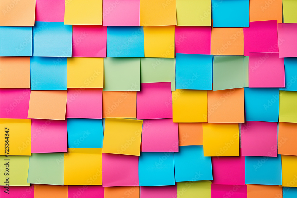 Colorful abstract background pattern of empty sticky notes, colorful set of blank sticky notes stick on the wall, colorful empty blank sticky notes pasted on an office notice board, blank note paper