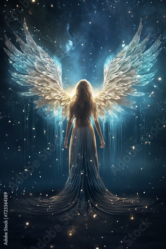silhouette of beautiful fantasy angel woman in heaven and on star night background