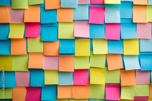 Colorful abstract background pattern of empty sticky notes, colorful set of blank sticky notes stick on the wall, colorful empty blank sticky notes pasted on an office notice board, blank note paper