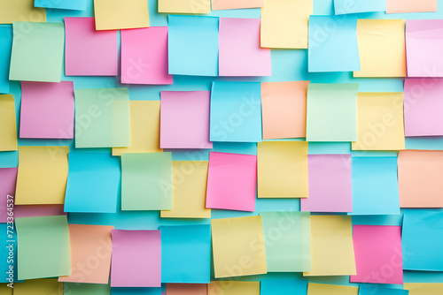 Colorful abstract background pattern of empty sticky notes  colorful set of blank sticky notes stick on the wall  colorful empty blank sticky notes pasted on an office notice board  blank note paper