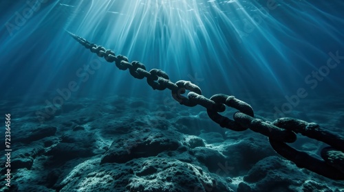 Boat chain anchor from underwater with sun rays
