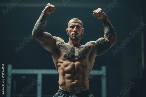 Portrait of muscular bodybuilder on dark background © Alina