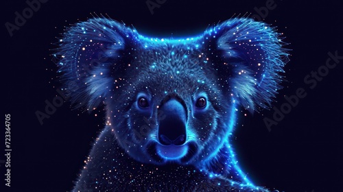  a close up of a koala's face on a dark background with stars in the sky and in the foreground, it's eyes are glowing blue.