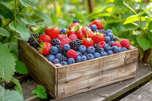 Fresh ripe berries in wooden crate in the garden