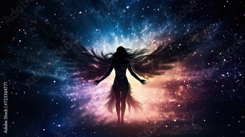 silhouette of beautiful fantasy angel woman in heaven and on star night background © goami