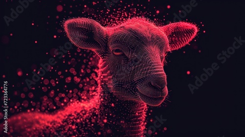  a close up of a sheep's face with a red light shining on it's face and behind it is a black background with red and white dots.
