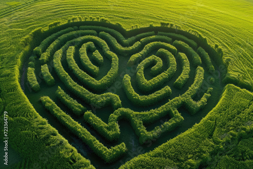 heart-shaped maze in a lush  green field