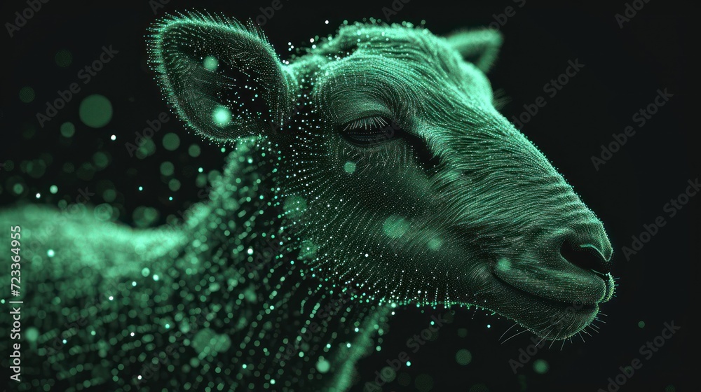 a close up of a sheep's face with a lot of dots on it's face and it's head in the middle of the frame, with a black background. a close up of a sheep's face with a lot of dots on it's face and it's head in the middle of the frame, with a black background.