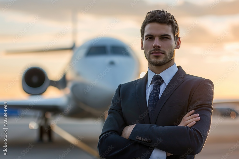 Young businessman standing in airfield with airplane on background