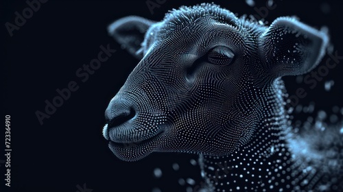  a black and white photo of a sheep's head with a pattern of dots on it's side and a black background with white dots on it's sides.