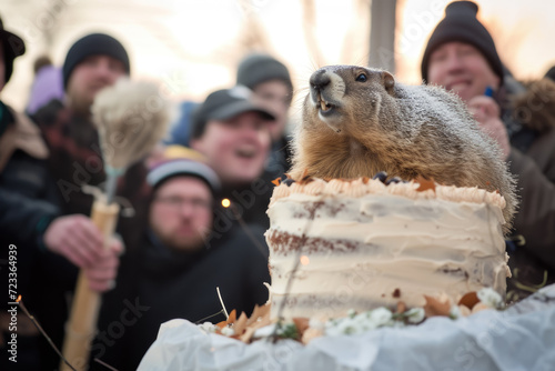 festive scene of a groundhog popping out of a giant cake at a Groundhog Day celebration