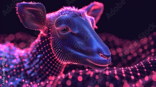  a close up of a sheep's head on a black background with pink and blue lights in the shape of hexagonics and hexagonal shapes.