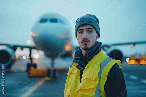 Airport worker in vest standing in airfield with airplane on background photo