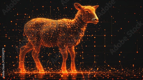  a sheep standing in front of an array of lines and dots on a black background with orange dots in the middle of the image and a black background with orange dots. © Nadia