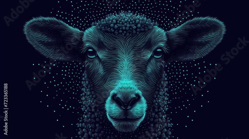  a close up of a sheep's face on a black background with blue and green dots in the center of the image and the sheep's head is looking at the camera.