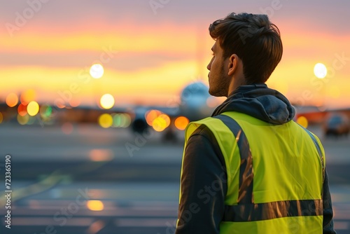 Back view of airport worker in vest standing in airfield with airplane on background