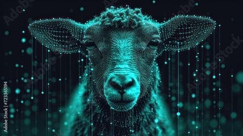  a close up of a sheep's face on a black background with blue and green lights in the middle of the image and the sheep's head is looking at the camera.