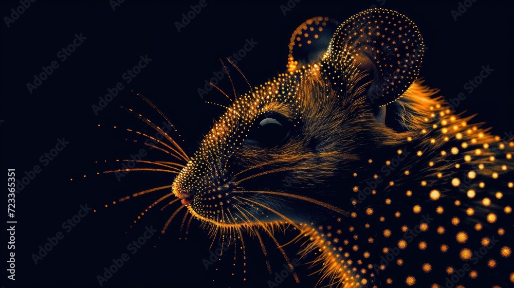 a close up of a mouse's face with dots on it's body and a mouse's head in the middle of the image, on a black background.