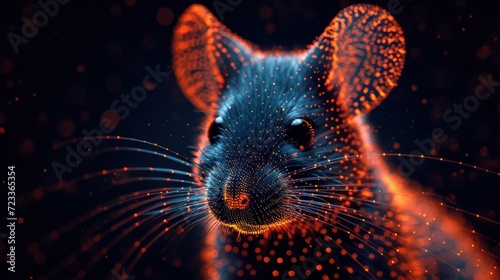  a close up of a mouse's face with a lot of dots on it's face and a blurry background of red and blue dots on its face.